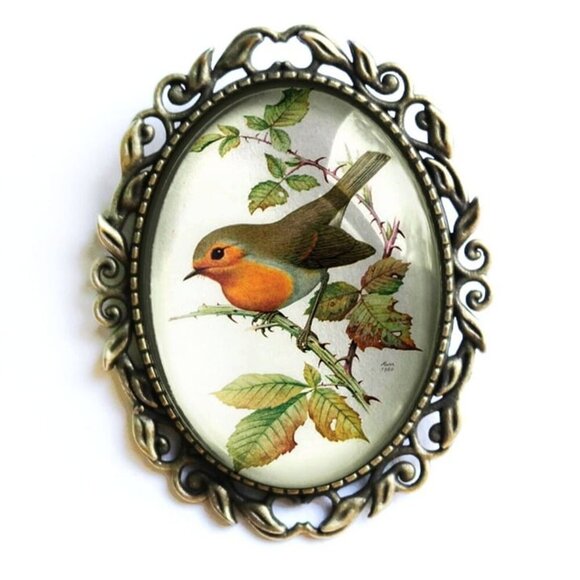 NEW - Robin Brooch - Large Oval - Cottagecore - Bird - Nature Jewelry - Pin - Picture 1 of 3